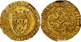 FRANCE. Ecu d'Or a la Couronne, ND (1380-1422). Saint-Lo Mint. Charles VI. NGC MS-64.
3.91 gms. Fr-291; Dup-369. Obverse: Crowned coat-of-arms; Rever...