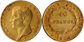 FRANCE. 40 Francs, 1806-A. Paris Mint. Napoleon I. PCGS AU-55 Gold Shield.
Fr-481; KM-675.1; Gad-1082. Highly original and only lightly handled, this...