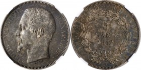 FRANCE. 5 Francs, 1852-A. Paris Mint. Napoleon III (as Louis-Napoleon). NGC PROOF-62.
KM-773.1; Gad-726. "BARRE" variety. A VERY RARE offering in pro...