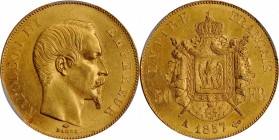 FRANCE. 50 Francs, 1857-A. Paris Mint. Napoleon III. PCGS MS-62 Gold Shield.
Fr-571; KM-785.1; Gad-1111. A delightful, near choice specimen, this ple...