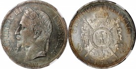FRANCE. 5 Francs, 1870-A. Paris Mint. Napoleon III. NGC MS-64.
KM-799.1; Gad-739. This rather stunning near Gem exhibits mostly steel gray surfaces t...