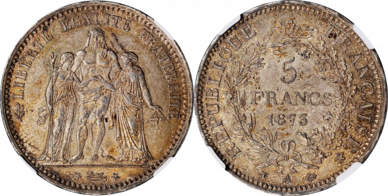 FRANCE. 5 Francs, 1873-A. Paris Mint. NGC MS-62.
KM-820.1; Gad-745a. A charming...