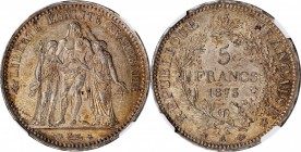 FRANCE. 5 Francs, 1873-A. Paris Mint. NGC MS-62.
KM-820.1; Gad-745a. A charming crown featuring the popular "Hercules and the maidens" type, this pie...