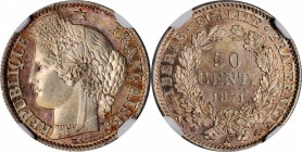 FRANCE. 50 Centimes, 1871-A. Paris Mint. NGC MS-66.
KM-834.1; Gad-419. Mintage: 236,000. Immensely satisfying quality, boasting surfaces that are alm...
