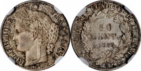 FRANCE. 50 Centimes, 1872-A. Paris Mint. NGC MS-65.
KM-834.1; Gad-419a. A lovely Gem survivor with smooth, satiny luster over the surfaces and freckl...