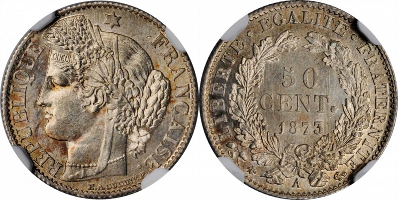 FRANCE. 50 Centimes, 1873-A. Paris Mint. NGC MS-64.
KM-834.1; Gad-419a. Mostly ...