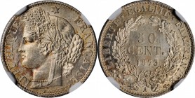 FRANCE. 50 Centimes, 1873-A. Paris Mint. NGC MS-64.
KM-834.1; Gad-419a. Mostly brilliant with traces of golden tone and few marks. Seemingly conserva...