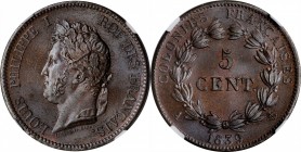 FRENCH COLONIES. 5 Centimes, 1839-A. Paris Mint. Louis Philippe. NGC MS-65+ Brown.
Gad-18; KM-12. An amazing representative that showcases clean surf...