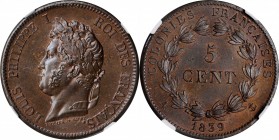 FRENCH COLONIES. 5 Centimes, 1839-A. Paris Mint. Louis Philippe. NGC MS-65 Brown.
Gad-18; KM-12. A minimally marked Gem with loads of faded red color...