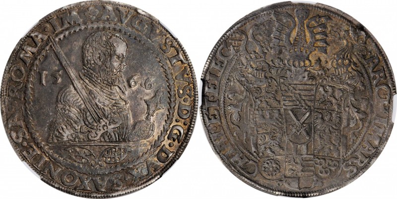 GERMANY. Saxony. Taler, 1566-HB. Dresden Mint. August. NGC AU-55.
Dav-9795; KM-...