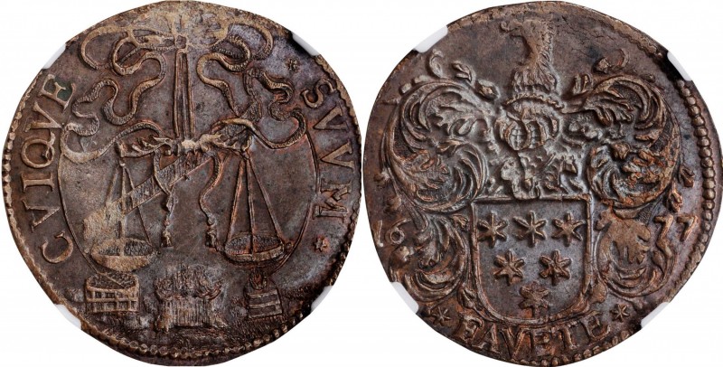 NETHERLANDS. Jean Cools Bronze Jeton, 1677. NGC MS-63 Brown.
32 mm Dugn-4381. A...