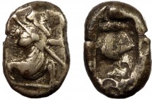 Greek, Kings of Persia, Darios I to Xerxes II, AR Siglos, Sardes c. 485-400 BC
5.50 g, 18 mm, aVF

Obverse: Persian king or hero, wearing kidaris and ...