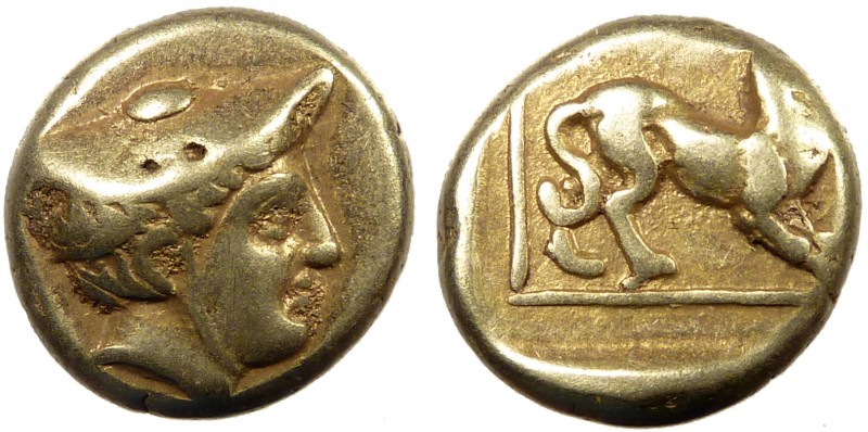 Greek, Lesbos, c. 377-326 BC, EL Hekte, Mytilene 
2.51 g, 11 mm, aVF

Obverse: H...