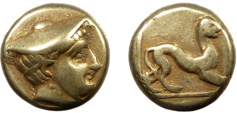 Greek, Lesbos, c. 377-326 BC, EL Hekte, Mytilene 
2.53 g. 11 mm, VF

Obverse: He...
