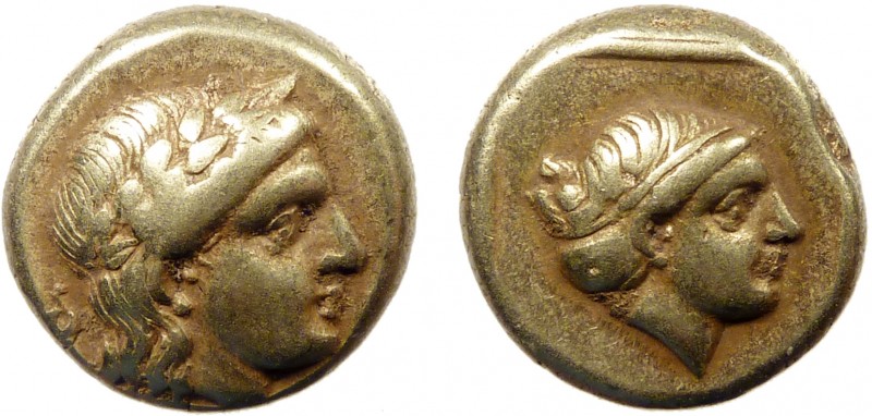 Greek, Lesbos, c. 377-326 BC, EL Hekte, Mytilene 
2.54 g, 11 mm, VF

Obverse: La...
