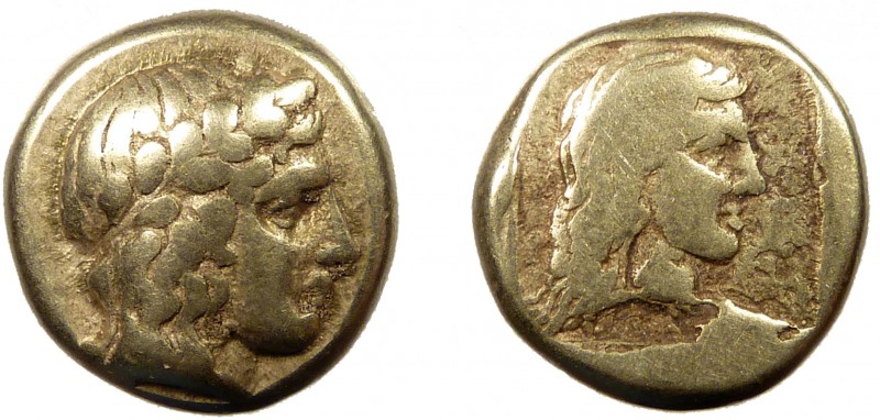 Greek, Lesbos, c. 396 BC, EL Hekte, Mytilene 
2.50 g, 11 mm, aVF

Obverse: Laure...