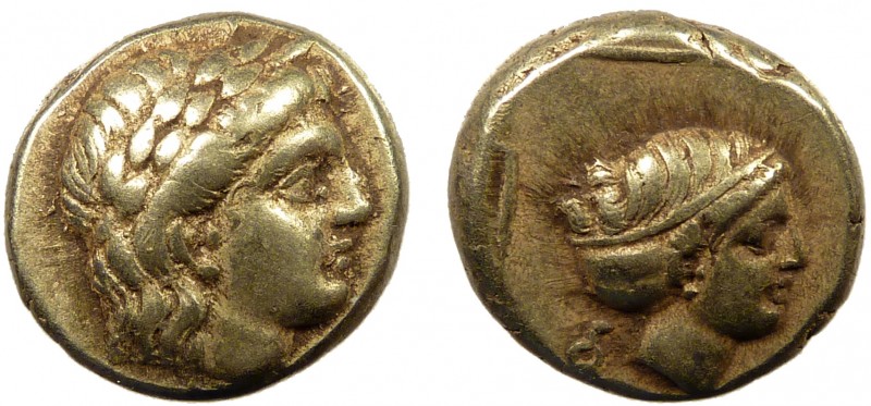 Greek, Lesbos, c. 377-326 BC, EL Hekte, Mytilene 
2.54 g, 11 mm, VF

Obverse: La...