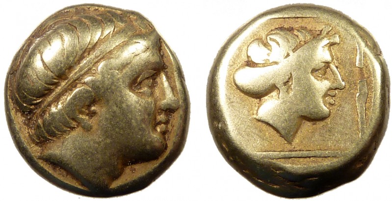 Greek, Lesbos, c. 375-325 BC, EL Hekte, Mytilene 
2.51 g, 10 mm, VF

Obverse: Di...