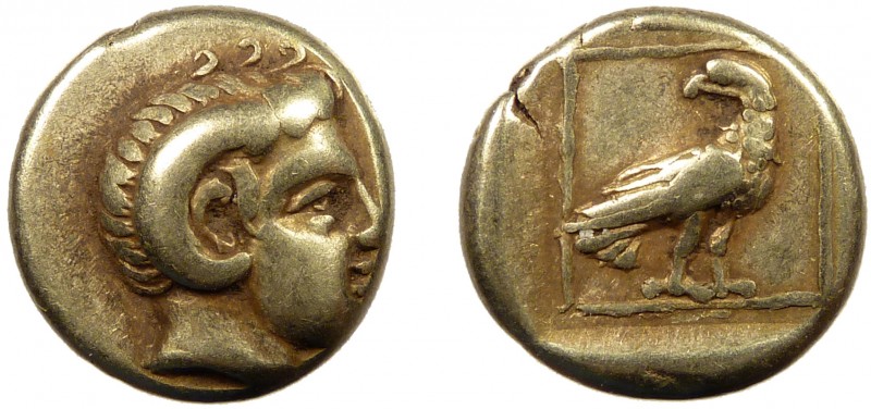 Greek, Lesbos, c. 330 BC, EL Hekte, Mytilene 
2.52 g, 12 mm, VF

Obverse: Head o...