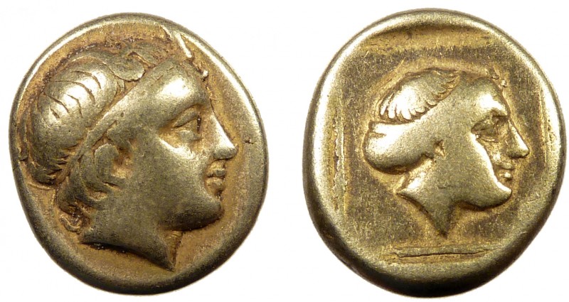 reek, Lesbos, c. 375-325 BC, EL Hekte, Mytilene 
2.47 g, 12 mm, aVF

Obverse: Di...
