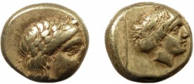 Greek, Lesbos, c. 377-326 BC, EL Hekte, Mytilene 
2.53 g, 11 mm, aVF

Obverse: Laureate head of Apollo right; symbol in left field
Reverse: Head of Ar...