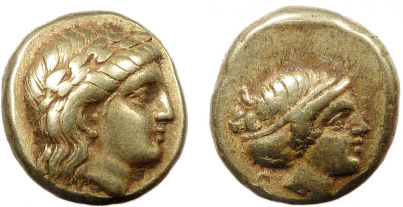 Greek, Lesbos, c. 377-326 BC, EL Hekte, Mytilene 
2.55 g, 11 mm, VF

Obverse: La...