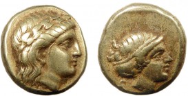 Greek, Lesbos, c. 377-326 BC, EL Hekte, Mytilene 
2.55 g, 11 mm, VF

Obverse: Laureate head of Apollo right
Reverse: Head of Artemis right, hair in sa...