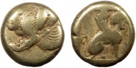 Greek, Lesbos, c. 412-378 BC, EL Hekte, Mytilene
2.46 g, 11 mm, aVF

Obverse: Forepart of winged lion left
Reverse: Sphinx seated right in linear ...