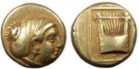 Greek, Lesbos, c. 412-378 BC, EL Hekte, Mytilene 
2.53 g, 11 mm, VF

Obverse: Head of female to right, her hair bound in sakkos
Reverse: Kithara in li...