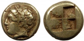 Greek, Ionia, c. 387-326 BC, EL Hekte, Phocaea 
2.52 g, 11 mm, VF

Obverse: Laureate head of Demeter left
Reverse: Irregular quadripartite incuse squa...