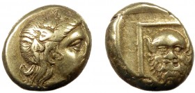 Greek, Lesbos, c. 377-326 BC, EL Hekte, Mytilene 
2.55 g, 11 mm, aVF

Obverse: Wreathed head of young Dionysos right
Reverse: Facing head of Silenos w...