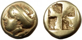 Greek, Ionia, c. 387-326 BC, EL Hekte, Phocaea 
2.51 g, 11 mm, VF

Obverse: Head of nymph left wearing pendant earring; small seal swimming left behin...