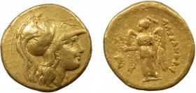 Greek, Kings of Macedon, Alexander III the Great 336-323 BC, AU 1/4 Stater, Sardes 334-323 BC 
2.14 g, 16 mm

Obverse: Head of Athena right in Corinth...