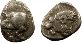 Greek, Mysia, c. 450-400 BC, AR Obol, Kyzikos
0.78 g, 9 mm, gF

Obverse: Forepart of boar left; to right, tunny upward
Reverse: Head of roaring li...