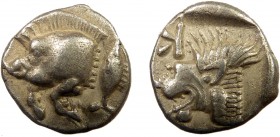 Greek, Mysia, c. 450-400 BC, AR Obol, Kyzikos
0.81 g, 10 mm, VF

Obverse: Forepart of boar left; to right, tunny upward
Reverse: Head of roaring l...