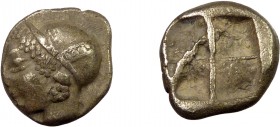 Greek, Ionia, c. 600-500 BC, AR Trihemiobol, Phokaia
1.35 g, 10 mm, aVF

Obverse: Female head left, in helmet or close fitting cap
Reverse: Quadripart...