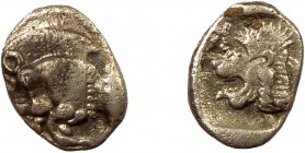 Greek, Mysia, c. 450-400 BC, AR Hemiobol, Kyzikos 
0.37 g, 8 mm, gF

Obverse: Forepart of boar left; to right, tunny upward
Reverse: Head of roaring l...