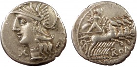 Roman Republican, M. BAEBIUS Q.F. TAMPILUS, AR Denarius, Rome
g, mm, f

Obverse: TAMPIL, helmeted head of Roma left; X (mark of value) to lower left
R...