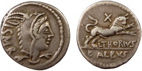 Roman Republic, L. Thorius Balbus, AR Denarius. Rome
3.94 g, 19 mm, VF

Obverse: Head of Juno Sospita right, wearing goat skin headdress; I•S•M•R down...