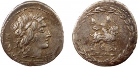 Roman Republic, Mn. Fonteius C. f, AR Denarius, Rome
3.97 g, 20 mm, aVF

Obverse: Laureate head of Apollo Veiovis right, thunderbolt below; MN•FONTEI•...