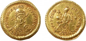 Roman Imperial, Theodosius II, AV Solidus, Constantinople
4.48 g, 21 mm, aVF

Obverse: DN THEODOSIVS PF AVG, helmeted, pearl-diademed and cuirassed bu...