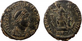 Roman Imperial, Valentinian II, AE Follis, Antioch
5.65 g, 23 mm, VF

Obverse: DN VALENTINIANVS PF AVG, helmeted, diademed, draped, cuirassed bust rig...