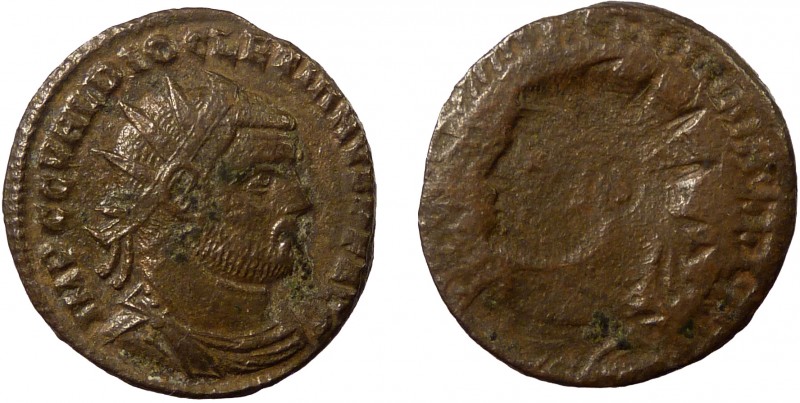 Roman Imperial, Diocletian, AE Brockage Post-Reform Radiate, Antioch?
2.97 g, 19...