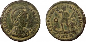 Roman Imperial, Gratian, AE Follis, Cyzicus 
5.08 g, 25 mm, gF

Obverse: D N GRATIANVS P F AVG, helmeted, pearl-diademed, draped, and cuirassed bust r...