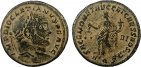 Roman Imperial, Diocletianus, AE Nummus, Aquileia
8.74 g, 27 mm, aVF

Obverse: IMP DIOCLETIANVS PF AVG, Laureate head right
Reverse: SACR MONET AVGG E...