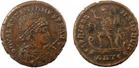 Roman Imperial, Valentinian II, AE Follis, Antioch
5.45 g, 23 mm, F

Obverse: DN VALENTINIANUS PF AUG diademed, helmeted, draped, cuirassed bust right...