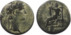 Roman Provincial, Caria, Tabae, Augustus, AE24
8.94 g, 24 mm, F

Obverse: KAICAP CЄBACTOC, laureate head right 
Reverse: TABHNωN, Augustus seated left...