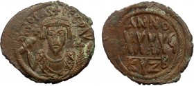 Byzantine, Phocas, AE Follis, Kyzicos 
10.19 g, 30 mm, VF

Obverse: ∂ И FOCAS PЄRP AV[G], crowned bust facing, wearing consular robes, holding mappa i...