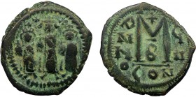 Byzantine, Heraclius, AE Follis, Constantinople
8.92 g, 27 mm, VF

Obverse: anepigraphic, Heraclius (center); Heraclius Constantine (right); Empress M...