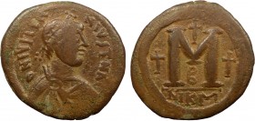 Byzantine, Justinian I, AE Follis, Nikomedia 
14.61 g, 32 mm, VF

Obverse: Diademed, draped, and cuirassed bust right
Reverse: Large M; cross above, s...